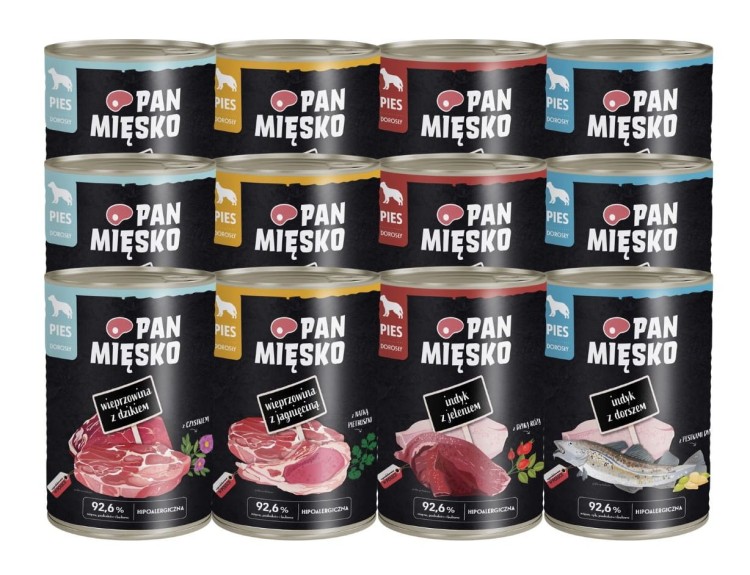 PAN MIĘSKO Karma mokra dla psa dorosłego MIX SMAKÓW 12x400g