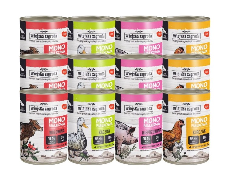 WIEJSKA ZAGRODA Karma mokra dla psa Monobiałkowa MIX SMAKÓW 12x400g