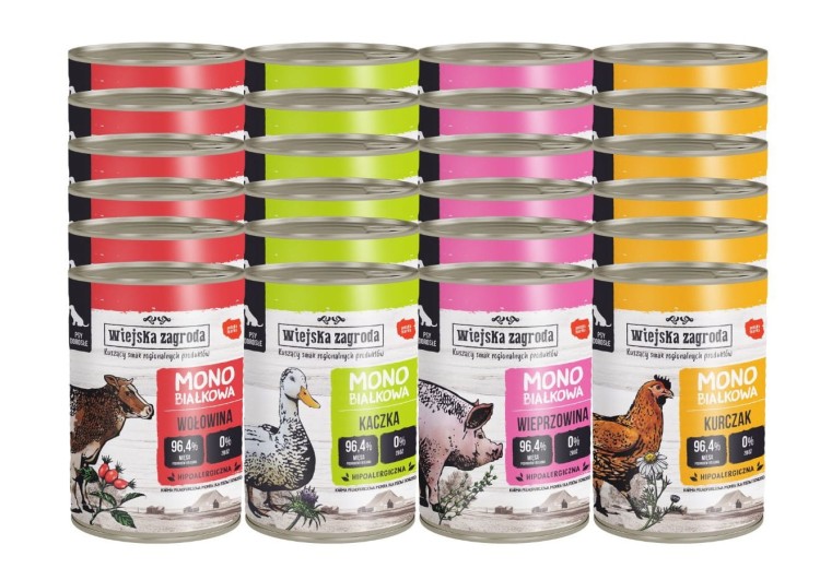 WIEJSKA ZAGRODA Karma mokra dla psa Monobiałkowa MIX SMAKÓW 24x400g