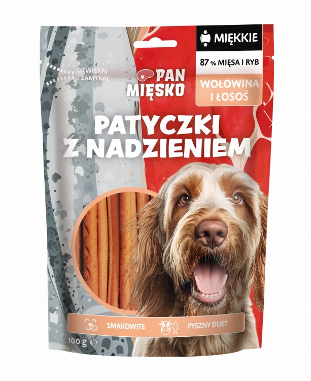 Pan Mięsko Przysmak dla psa Patyczki z nadzieniem Wołowina i Łosoś 100g