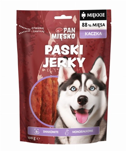 Pan Mięsko Naturalny Przysmak dla psa Miękkie Paski Jerky z Kaczką 100g MONOBIAŁKOWE