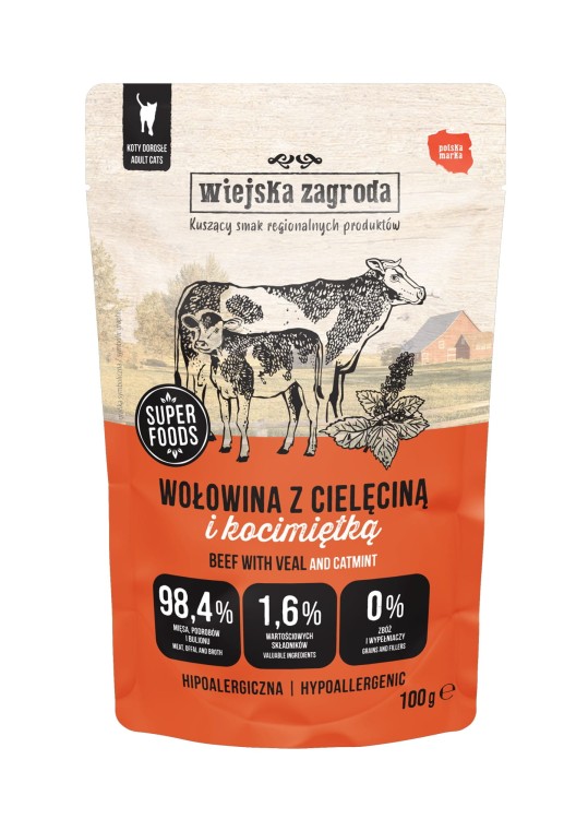 WIEJSKA ZAGRODA Karma mokra dla kota Wołowina z cielęciną i kocimiętką 100g