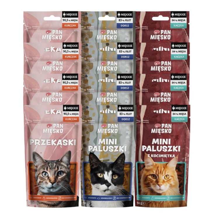 PAN MIĘSKO Naturalne Miękkie Przysmaki dla kota MIX 12x50g MONOBIAŁKOWE