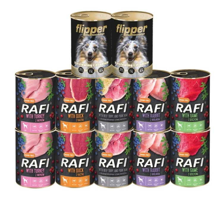 RAFI  FLIPPER mokra karma dla psa MIX smaków 12x400g Dolina Noteci