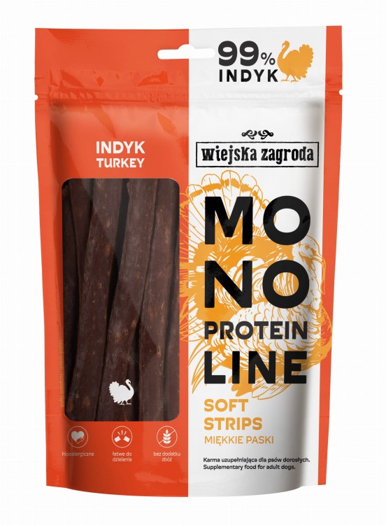 WIEJSKA ZAGRODA Przysmak dla psa Monoproteinowe miękkie paski Indyk 100g
