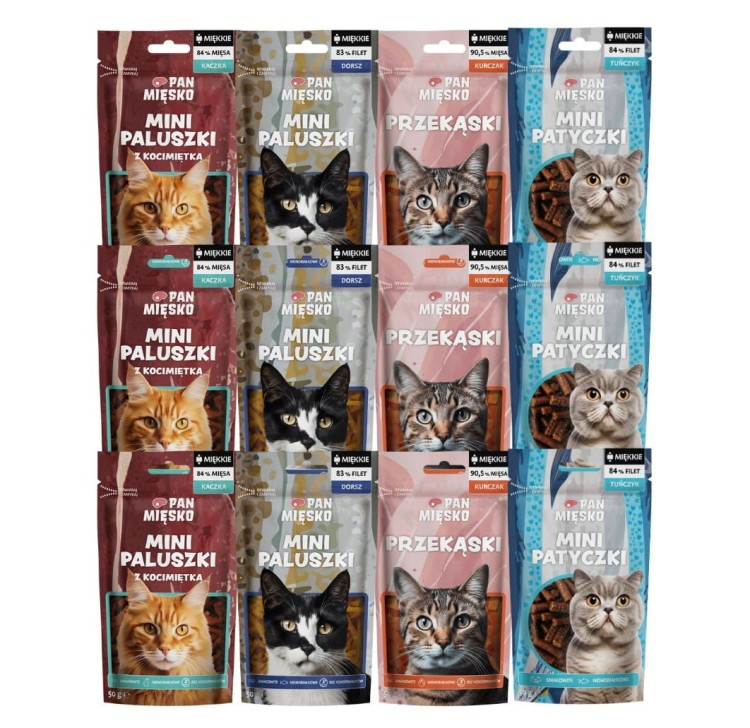 PAN MIĘSKO Naturalne Miękkie Przysmaki dla kota MIX 12x50g