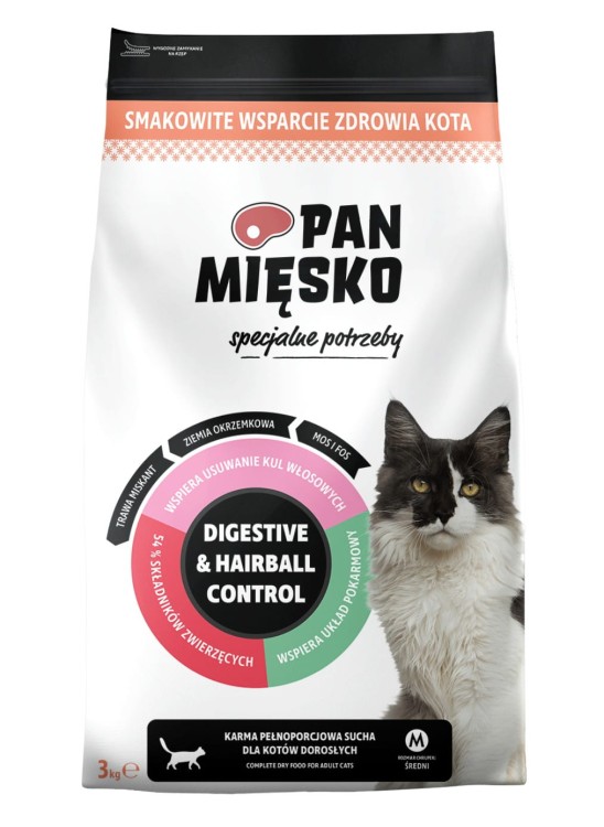 PAN MIĘSKO Karma sucha dla kota Specjalne potrzeby Digestive&Hairball Control 3kg