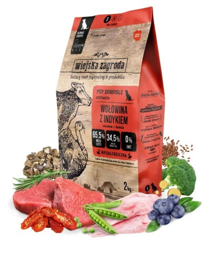 WIEJSKA ZAGRODA Karma sucha dla psa Wołowina z indykiem L 2kg chrupki
