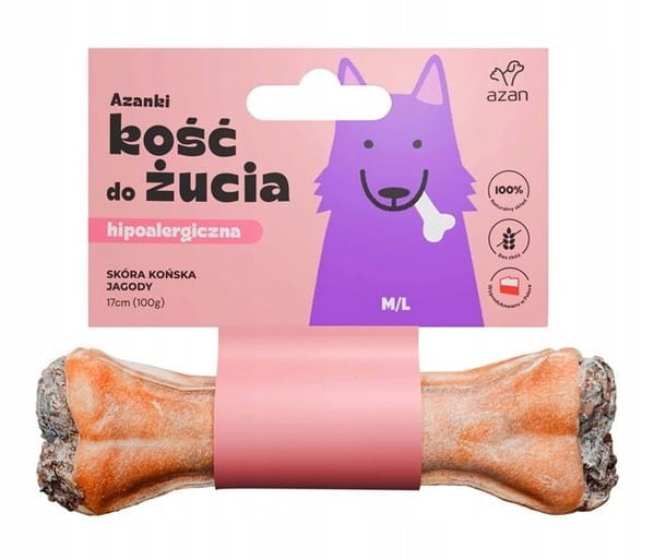 AZANKI Kość ze skóry końskiej z jagodami Przysmak dla psa – M/L 17cm 100g