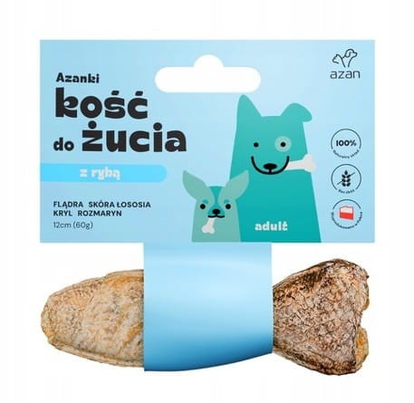 AZANKI Kość do żucia  z flądrą, rozmarynem  i krylem w skórze łososia RYBKA 12cm