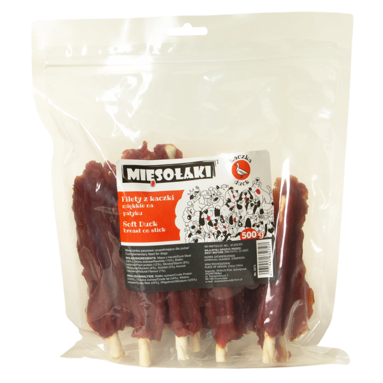 MięsoŁaki Miękkie Filety z kaczki na patyku Przysmak dla psa 500g