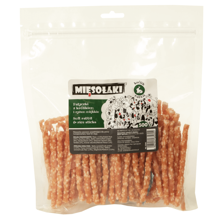 MięsoŁaki Miękkie Patyczki Królik z ryżem Przysmak dla psa 500g