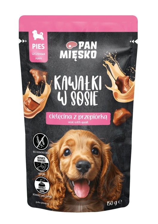PAN MIĘSKO Karma mokra dla SZCZENIAKA Kawałki w sosie Cielęcina z przepiórką 150g