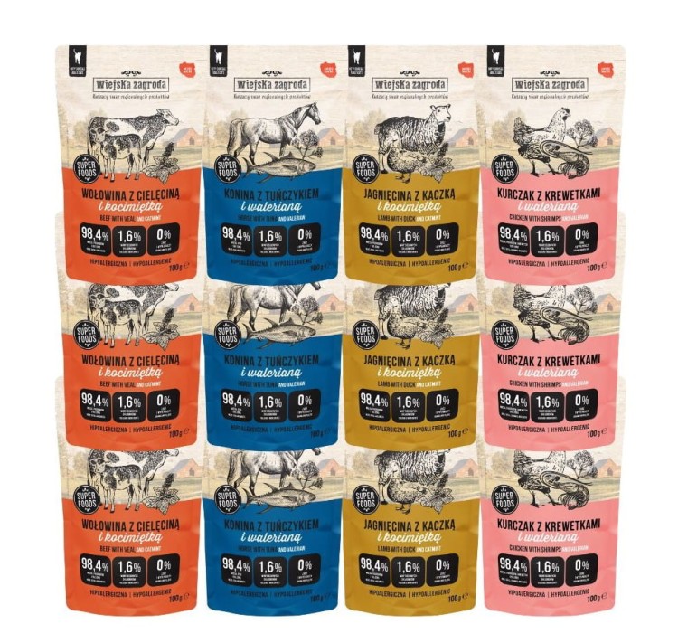 WIEJSKA ZAGRODA Karma mokra dla kota MIX SMAKÓW  12x100g BEZZBOŻOWA