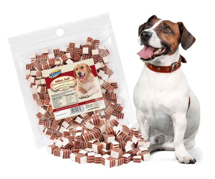 HILTON Miękkie kawałki Sandwiche z jagnięciny i ryby Przysmak dla psa 500g