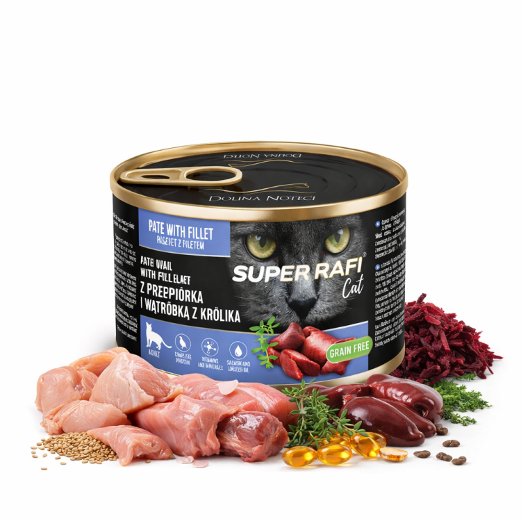 Karma mokra dla kotów SUPER RAFI CAT z przepiórką i wątróbką z królika 185g