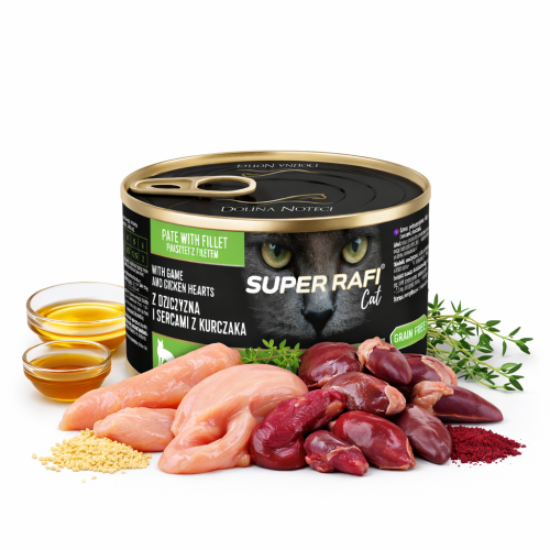 Karma mokra dla kotów SUPER RAFI CAT z dziczyzną i sercami z kurczaka 185g