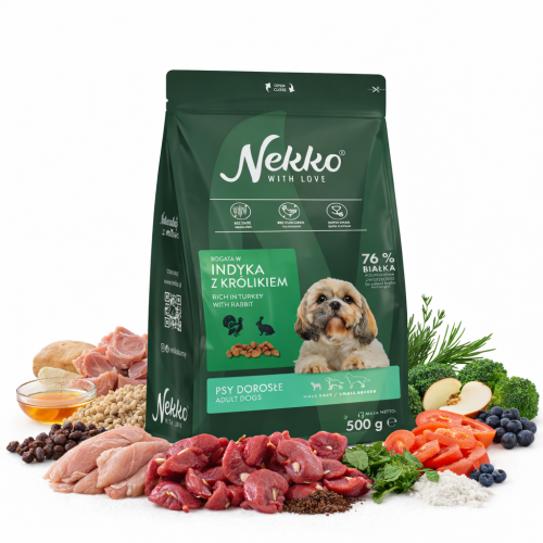 NEKKO karma sucha bogata w indyka z królikiem dla psów dorosłych małych ras 500g