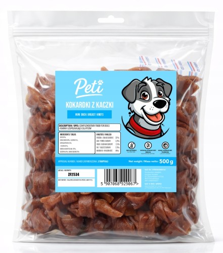 Przysmak dla psa PETI Miękkie kokardki z kaczki 500g Smaczki treningowe