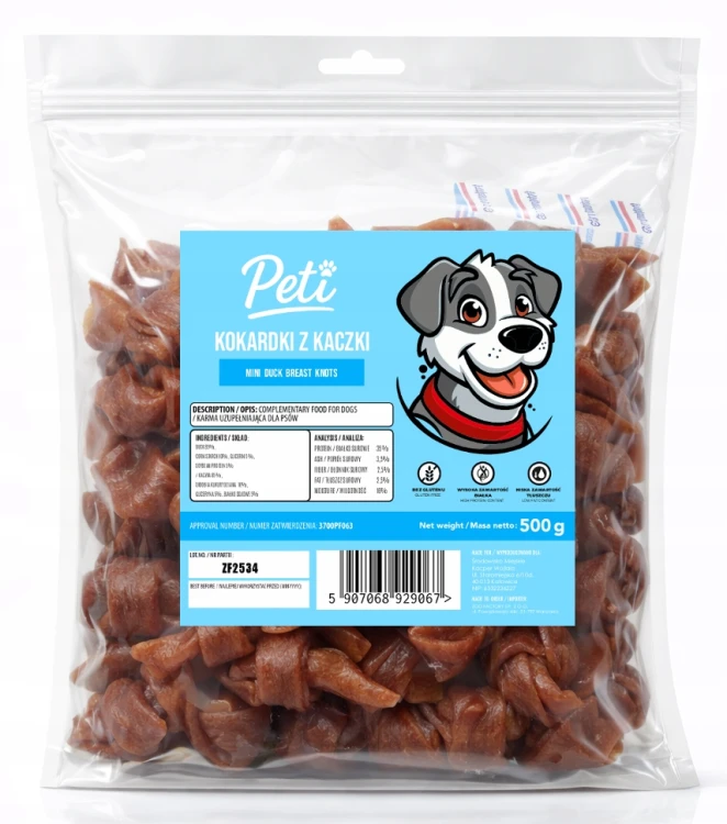 Przysmak dla psa PETI Miękkie kokardki z kaczki 500g Smaczki treningowe