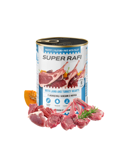Mokra karma dla psa z jagnięciną i sercami indyka Super Rafi 400g