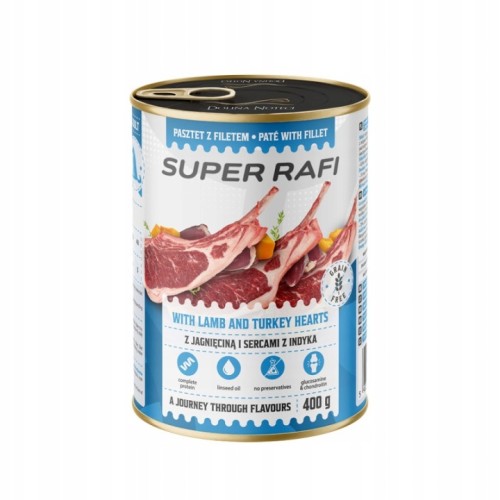 Mokra karma dla psa z jagnięciną i sercami indyka Super Rafi 400g