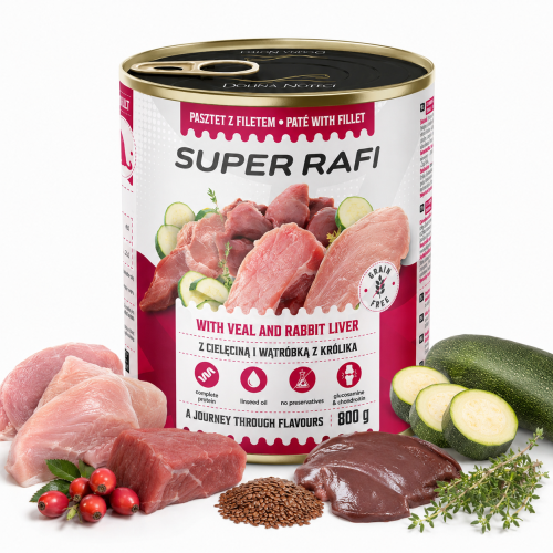 Super Rafi z cielęciną i wątróbką z królika mokra karma dla psa 800g