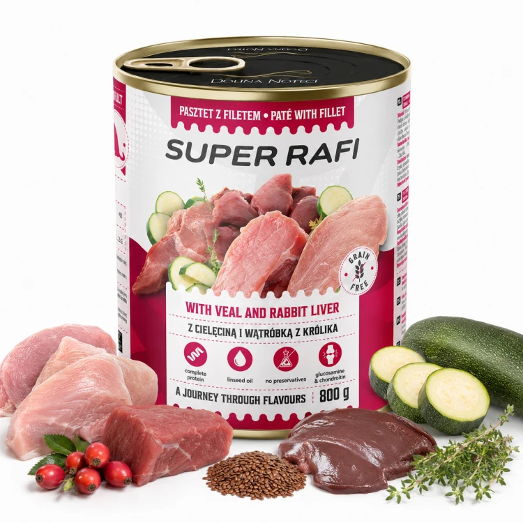 Super Rafi z cielęciną i wątróbką z królika mokra karma dla psa 800g
