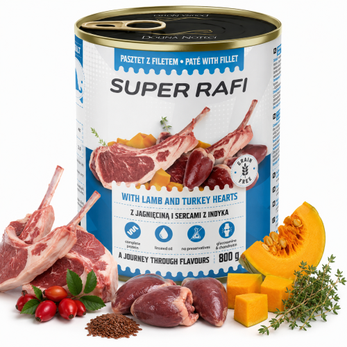 Super Rafi z jagnięciną i sercami indyka mokra karma dla psa 800g