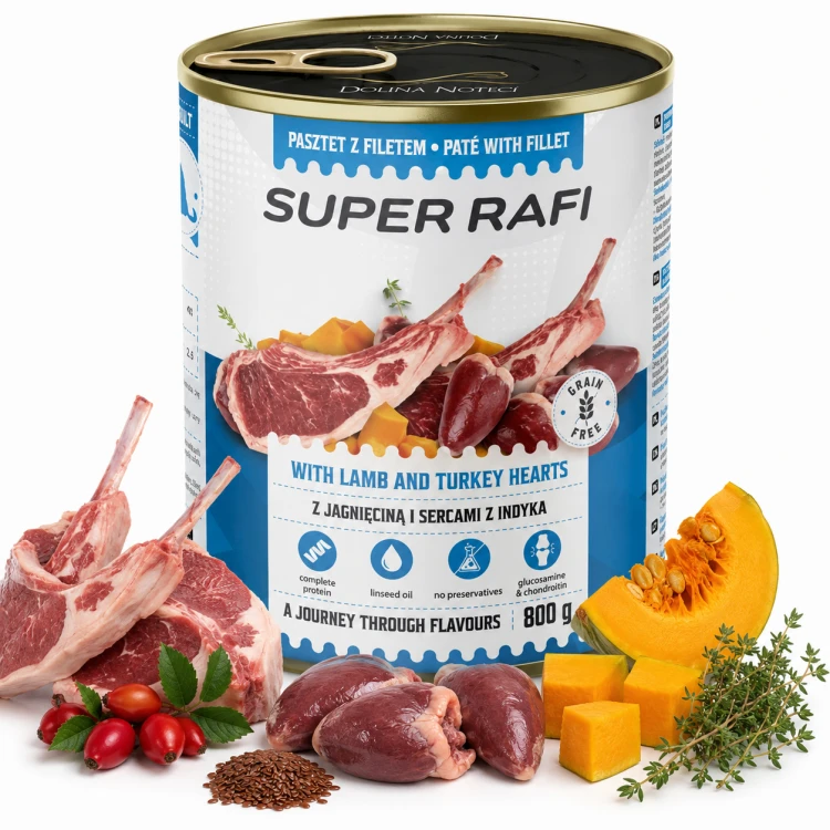 Super Rafi z jagnięciną i sercami indyka mokra karma dla psa 800g