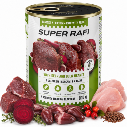 Super Rafi z jeleniem i sercami z kaczki dla mokra karma dla psa 800g