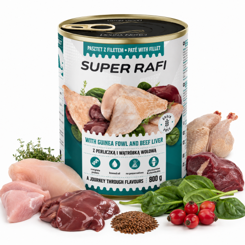 Super Rafi z perliczką i wątróbką wołową mokra karma dla psa 800g