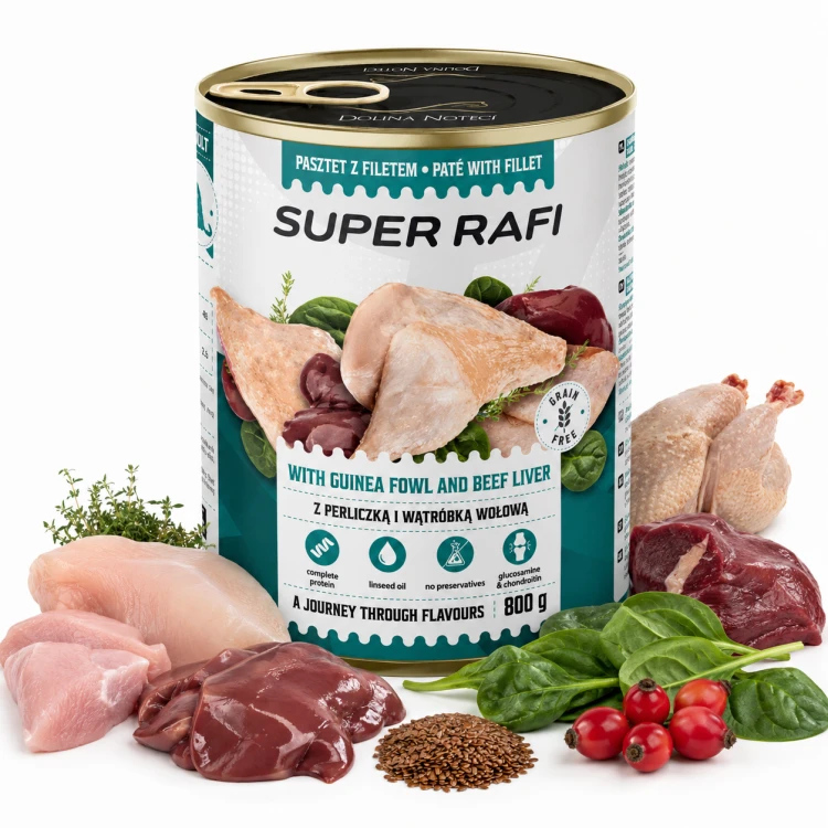 Super Rafi z perliczką i wątróbką wołową mokra karma dla psa 800g