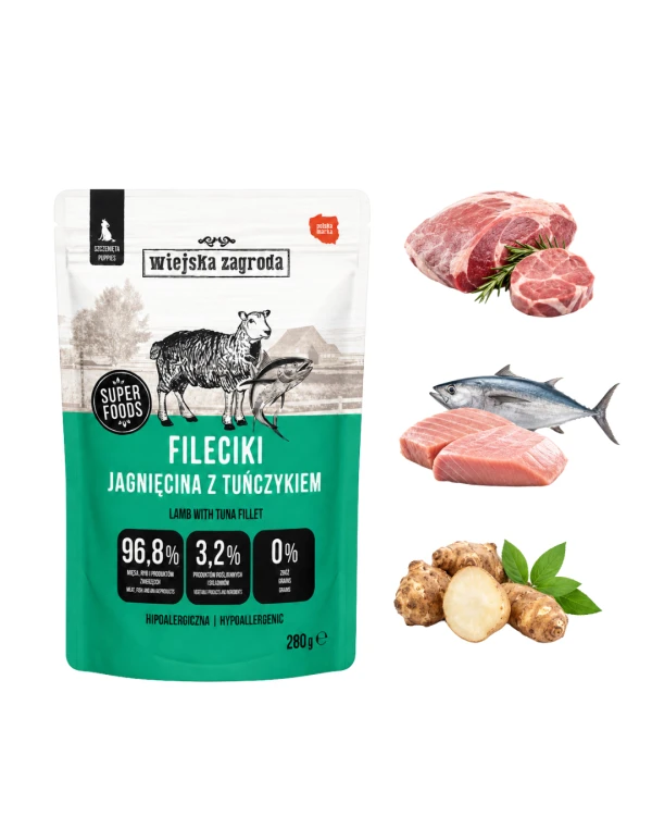 Wiejska Zagroda karma mokra dla psa Fileciki Jagnięcina i tuńczyk 280g