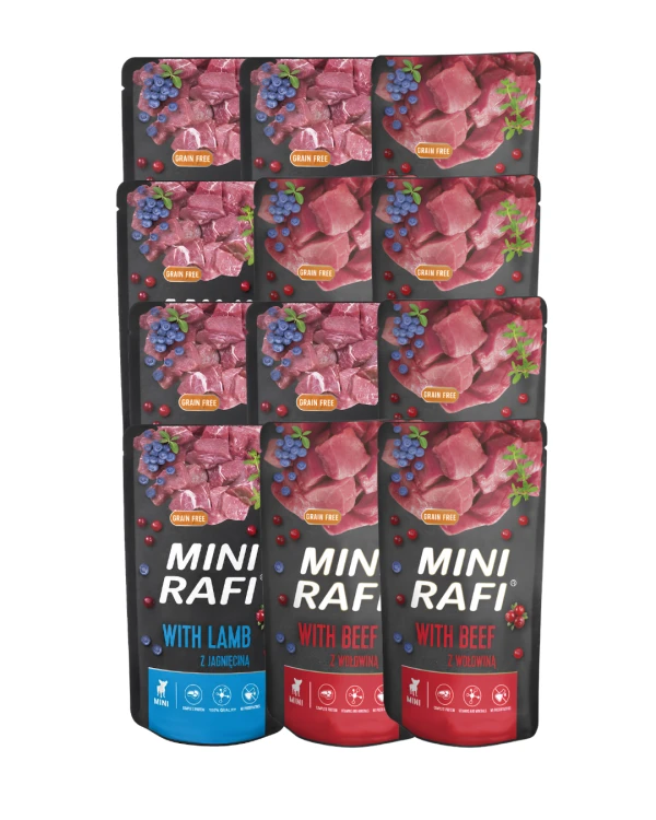 RAFI MINI Karma mokra dla psa MIX 12x150g Saszetka Dolina Noteci