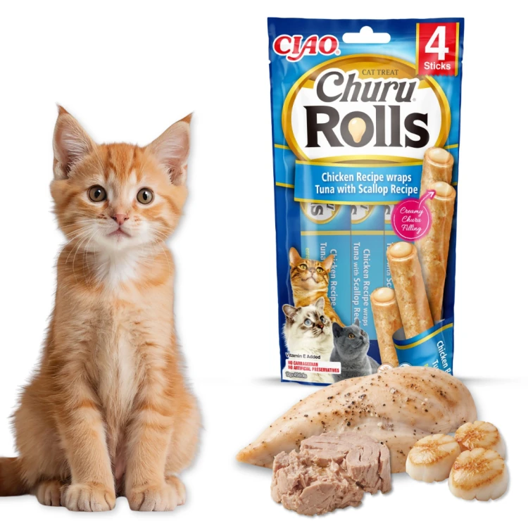 INABA CAT CHURU ROLLS Przysmak dla kota Kurczak Tuńczyk i przegrzebki 4x10g