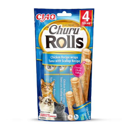 INABA CAT CHURU ROLLS Przysmak dla kota Kurczak Tuńczyk i przegrzebki 4x10g